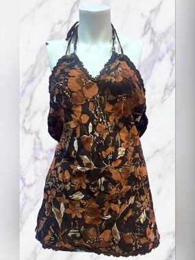 Vintage Y2K Le Château Brown Floral Halter Top Fairy Grunge XL